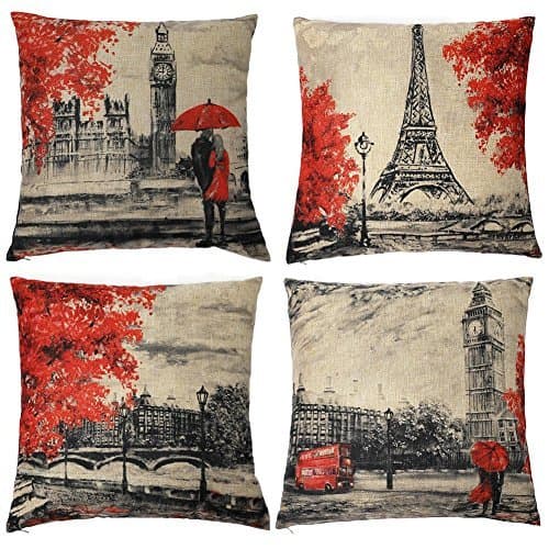 Product Gspirit 4 Pack Torre Eiffel Big Ben Lino Algodón Throw Pillow Case