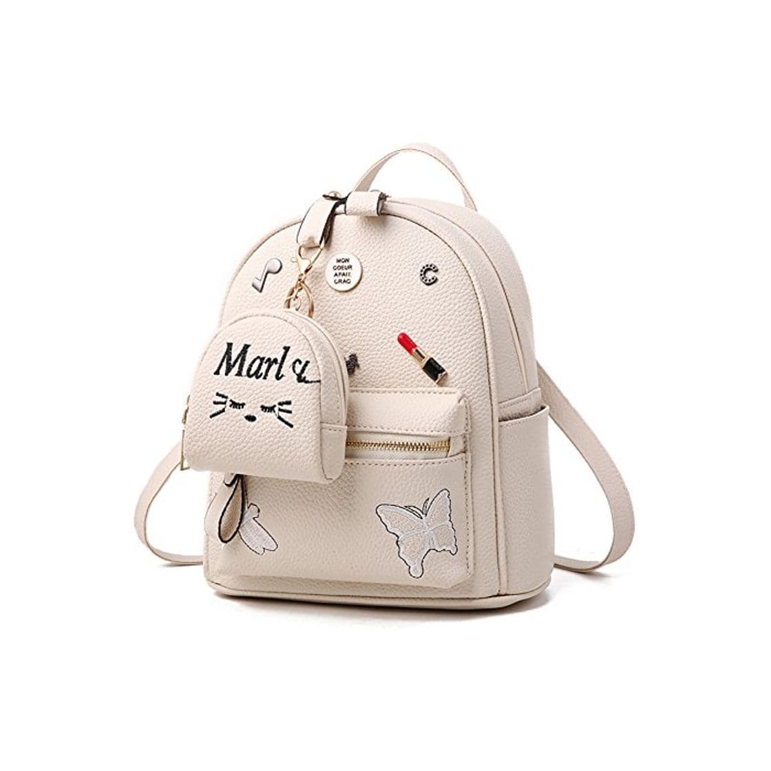 Producto Flada niñas mochila PU cuero escuela bolsas mochila lindo Bookbag monedero con pequeño gato Monedero beige