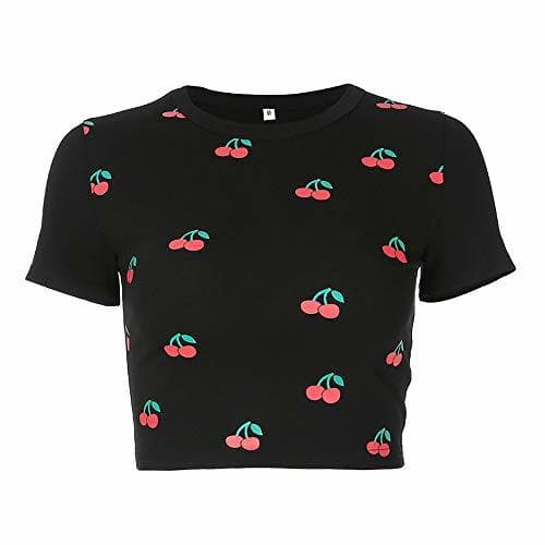 Product SansoiSan - Camiseta de Punto para Mujer, diseño de Cereza, Color Negro