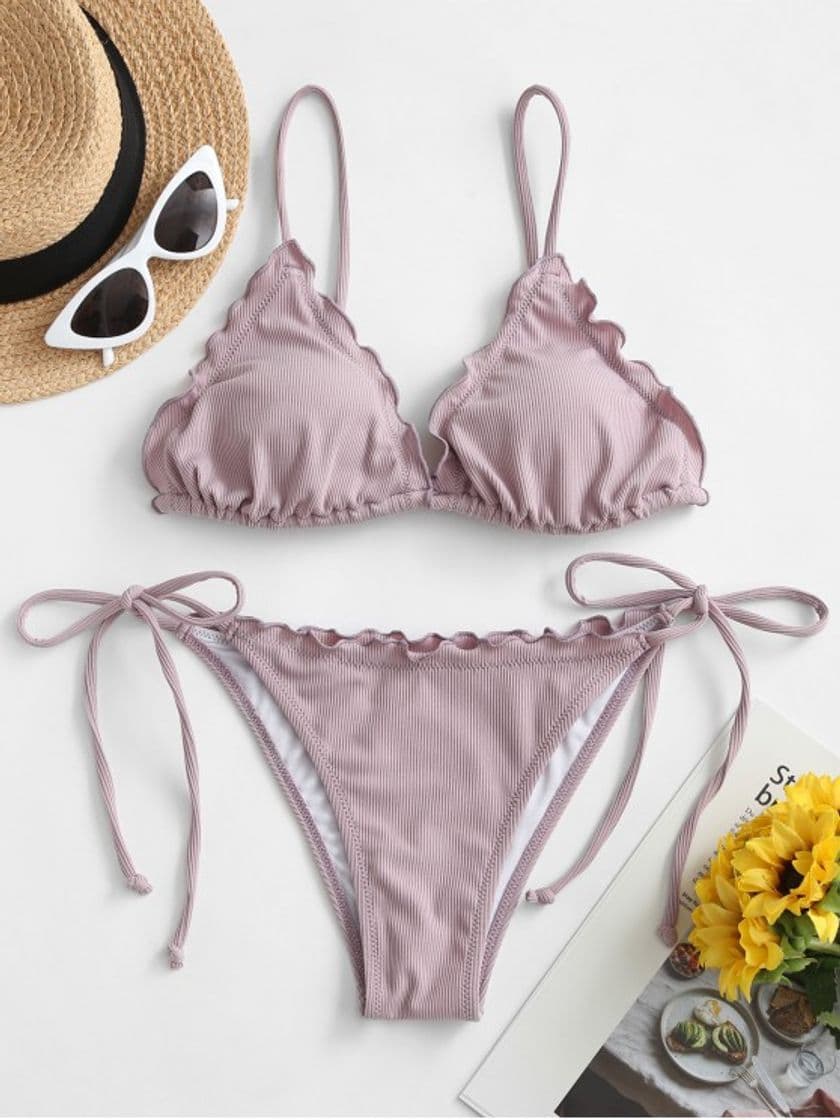 Moda ZAFUL Lettuce Trim Tied String Bikini Set - Lilac S