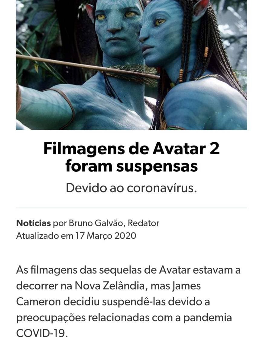 App Filmagens de Avatar 2 foram suspensas



