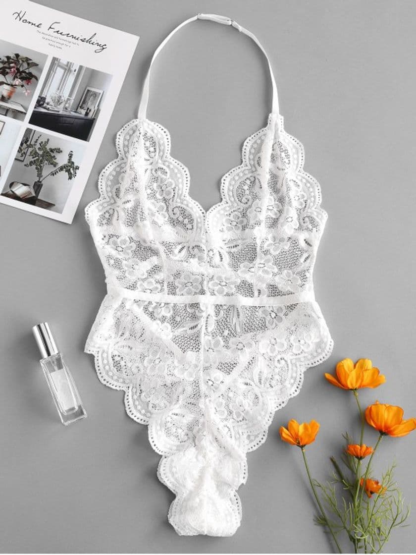 Moda [30% OFF] [POPULAR] 2020 Halter Scalloped Lace Lingerie Teddy ...