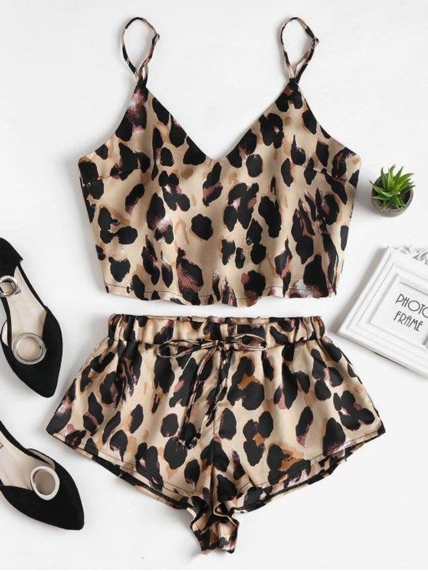 Fashion Leopard Print Satin Cami Top Shorts Pajama Set - Leopard S