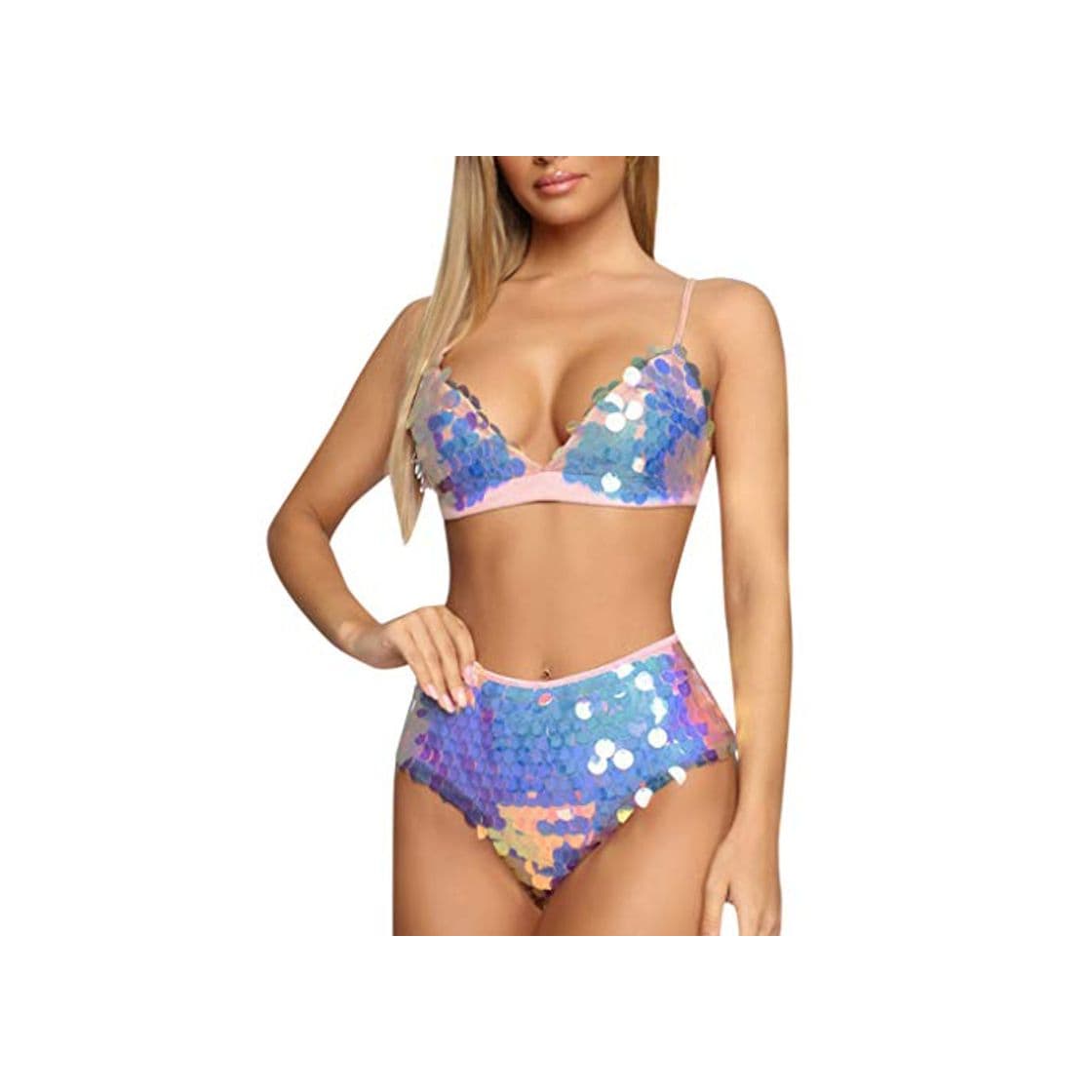 Moda RISTHY Conjunto de Bikini Mujer Traje de Baño de Dos Piezas Lentejuelas Correas Bañador Braga Alta Ropa de Playa con Relleno Tirantes Ajustable Sexy Verano