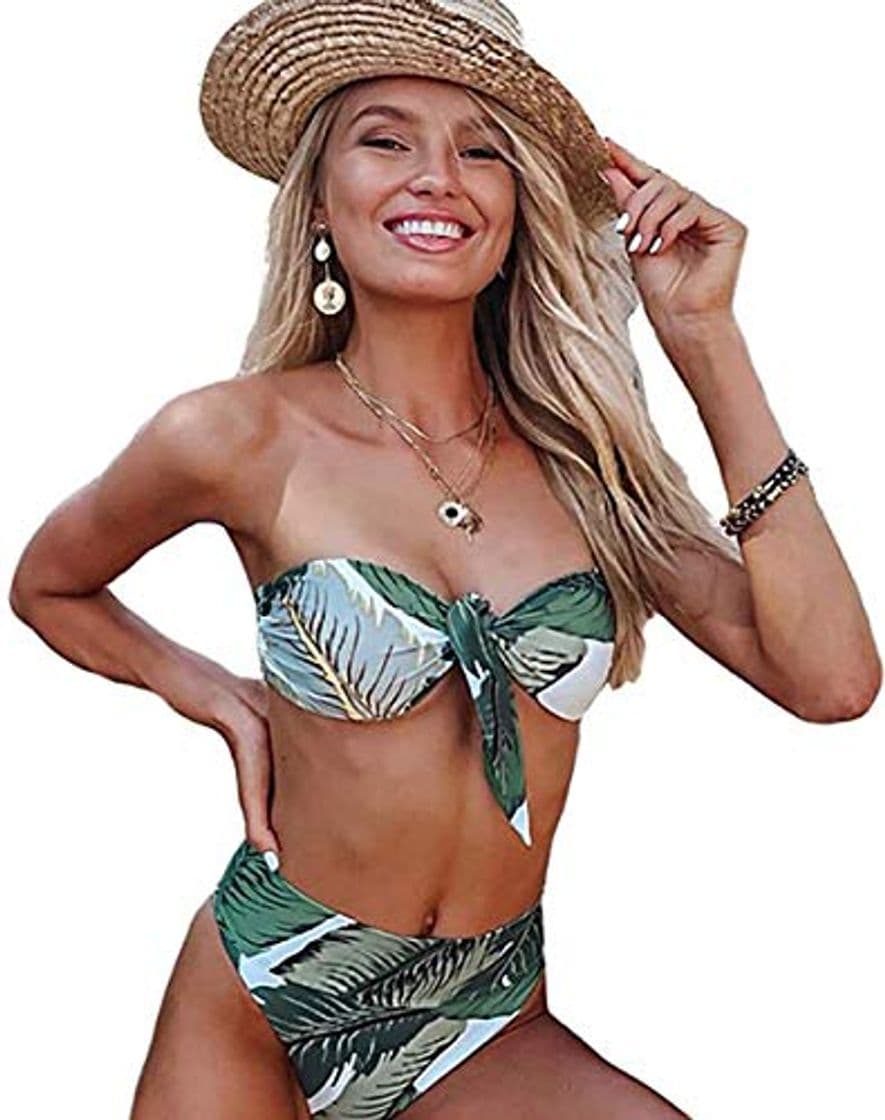 Moda CheChury Mujer Conjunto De Bikini Traje de Baño 2020 Push up Bikini Floral Monokini Tropical Hojas Bikini Cuello Halter Sin Tirantes Bandeau Bikini Bikini Floral impresión Inferior Traje de bañ