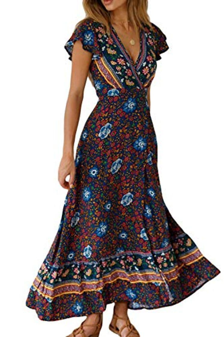 Moda Vestido Mujer Bohemio Largo Verano Playa Fiesta Floral Manga Corta Cuello en