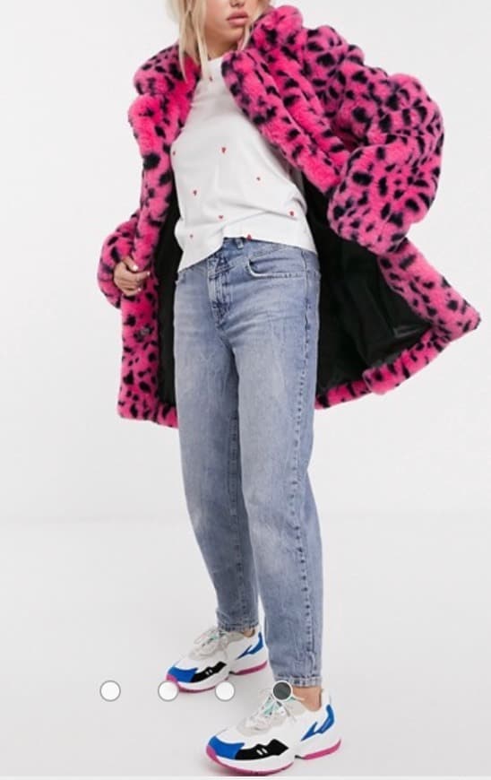 Product Lazy Oaf high neck faux fur coat in spot with bow fastening