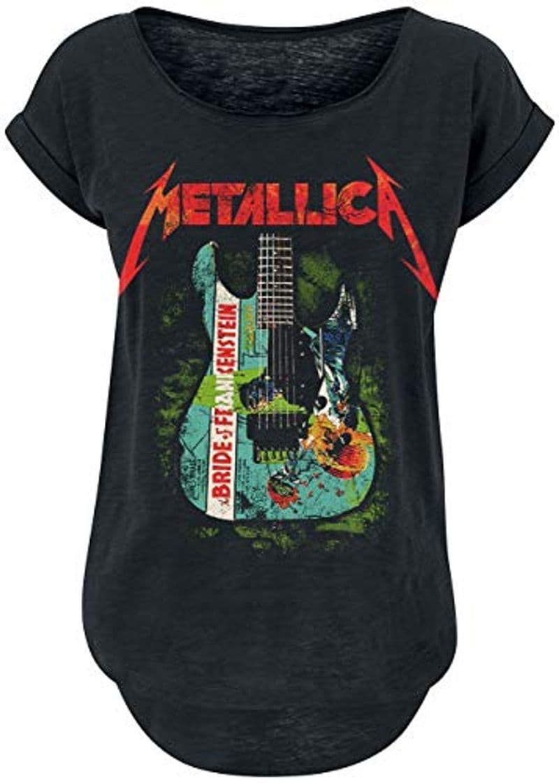 Fashion Metallica Bride of Frankenstein Guitar Mujer Camiseta Negro L