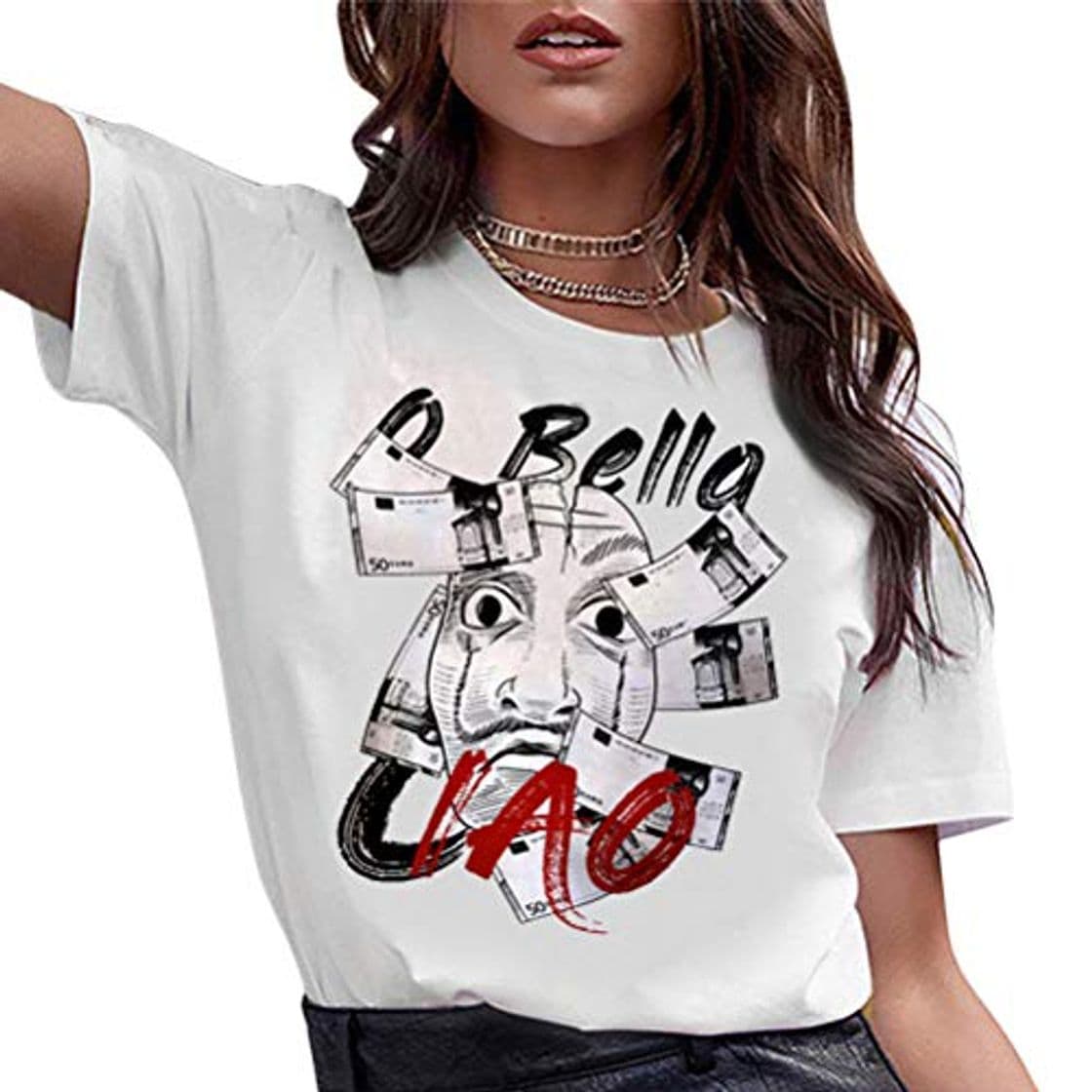 Producto Yesgirl Bella Ciao Camiseta De Manga Corta para Mujer Estampado Personalidad Verano Casual Cuello Redondo Top De Algodón Camiseta Deportiva Top Informal Blanco J Small