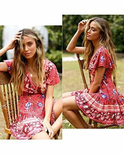 Moda Abravo Mujer Vestido?Bohemio Corto Florales Nacional Verano Vestido Casual Magas Cortas Chic