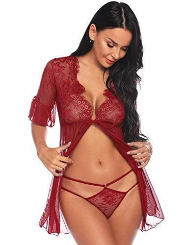 Fashion Sykooria Conjunto de Lencería Sexy para Mujer Pestaña Babydoll Frente Abierto Camisón