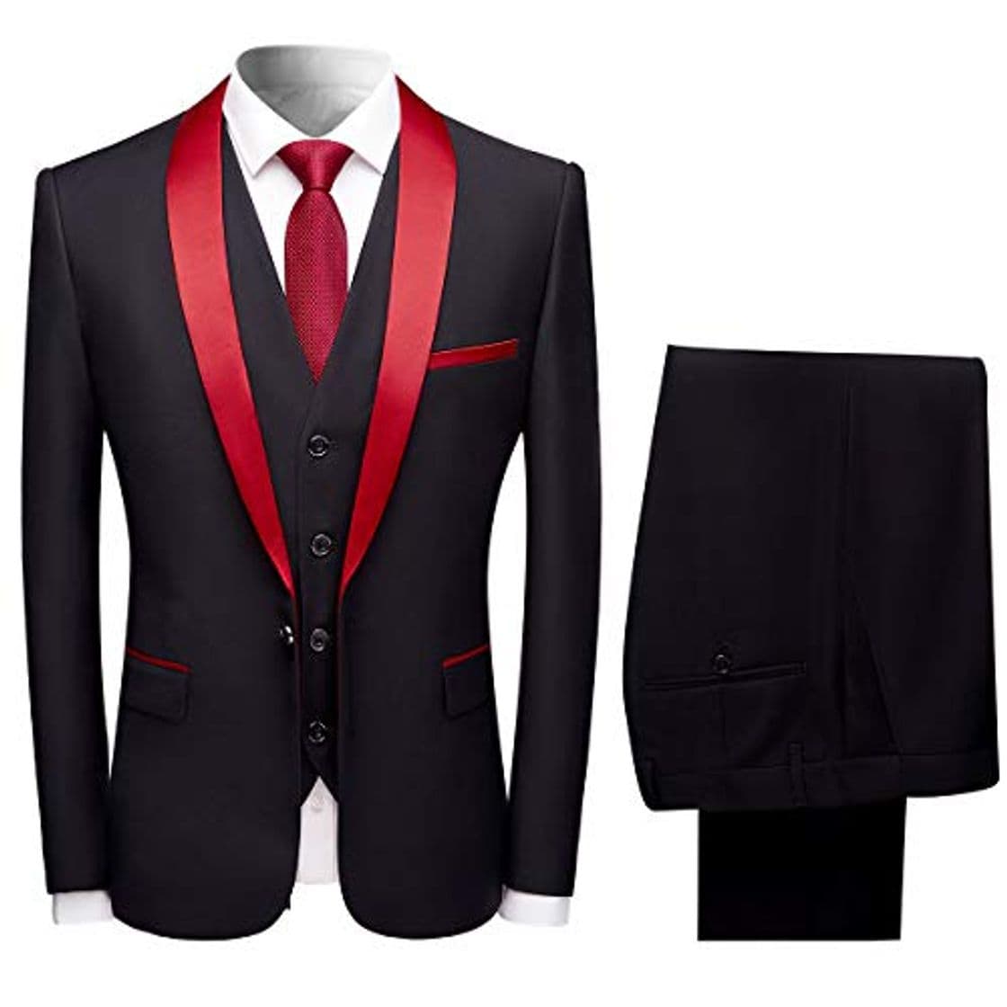 Product Sliktaa Trajes para Hombre 3 Piezas Slim Fit Boda Formal Traje de Cena Negro Azul Marino Vino Rojo Un botón con Muesca Solapa Esmoquin Blazer Chaqueta Chaqueta y Pantalones