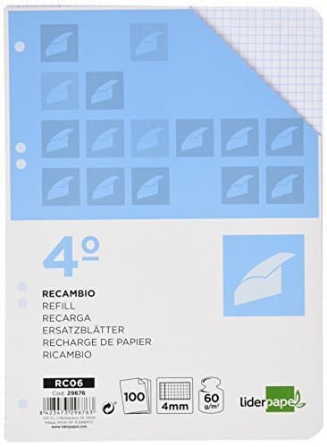 Product RECAMBIO LIDERPAPEL CUARTO 100 HOJAS 60G/M2 CUADRO 4MM CON MARGEN 6 TALADROS