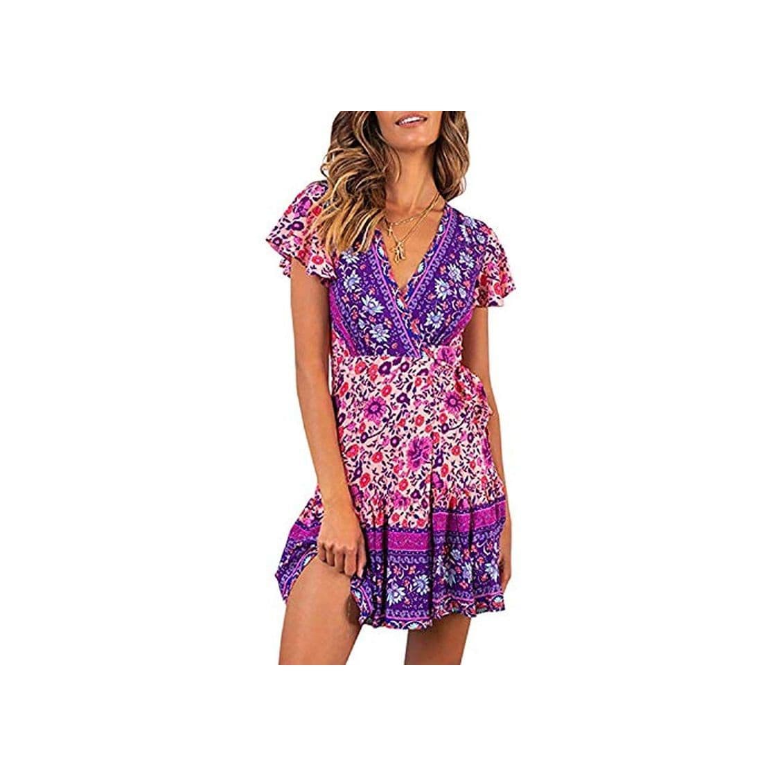 Fashion Abravo Mujer Vestido?Bohemio Corto Florales Nacional Verano Vestido Casual Magas Cortas Chic