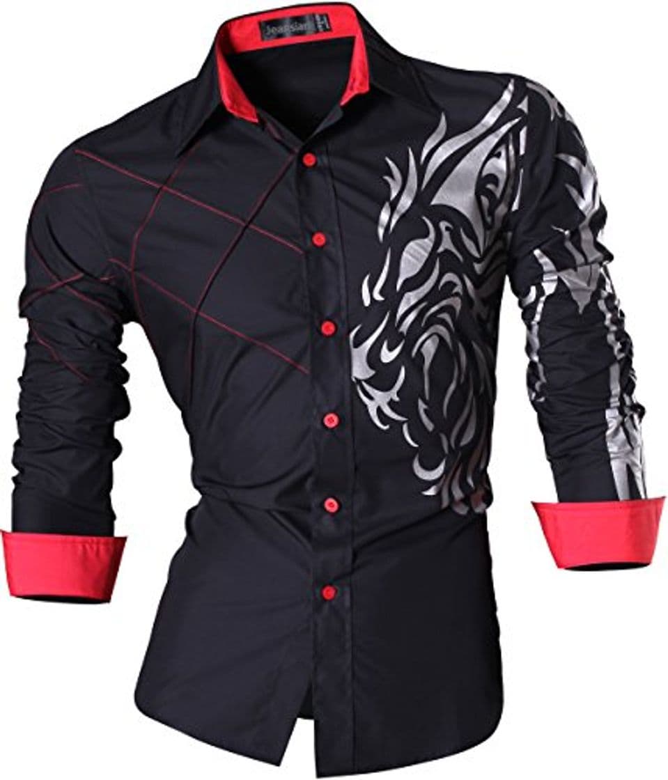 Product jeansian Camisas de Hombres Mangas Largas Moda Men Shirts Slim Fit Causal Long Sleves Fashion Z030 Black XL