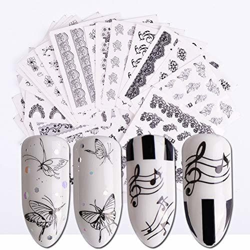 Producto FRHUJKD Pegatina de uñas 40 diseños Negro Flores Blancas Pegatina Arte calcomanías