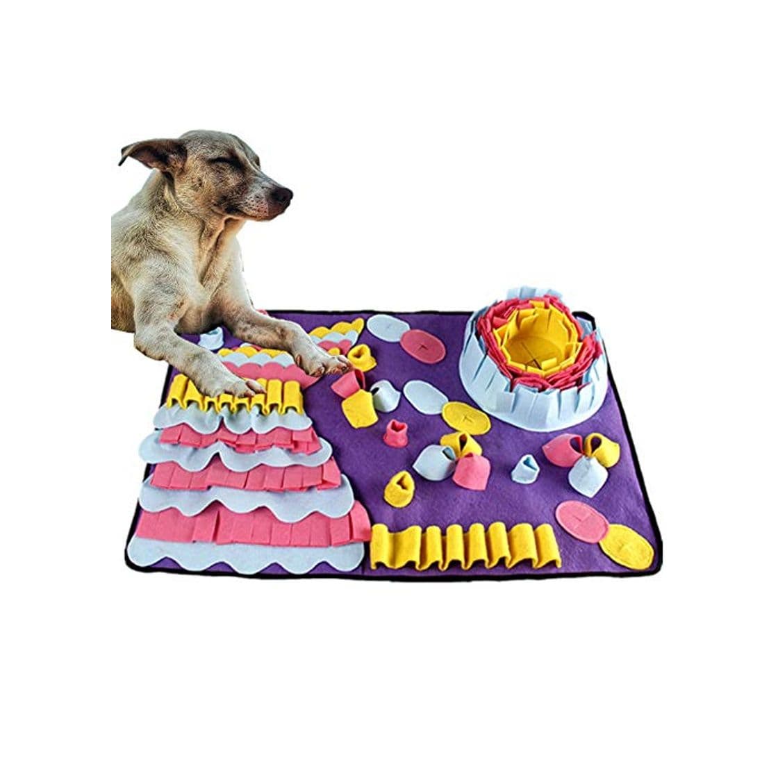 Producto DQTYE Dog Snuffle Mat Pet Nose Work Pad de entrenamiento Alfombra de alimentación tejida Puppy Cat Puzzle interactivo Manta antideslizante Juguetes 70x50 cm