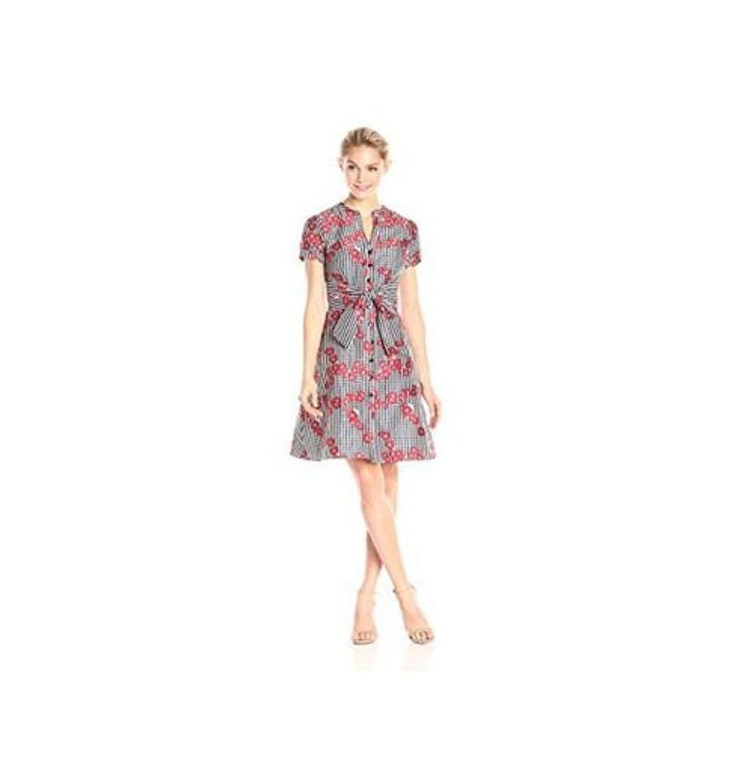 Fashion Adrianna Papell Women's Petite Gingham and Floral Flared Embroidered Shirt Dress