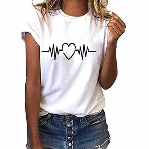 Product Camiseta de Mujer Manga Corta Corazón Impresión Blusa Camisa Cuello Redondo Basica