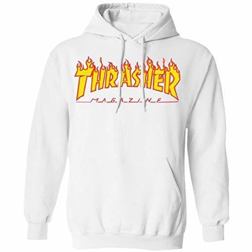 Moda THRASHER Men's Flame Logo Long Sleeve Pullover Hoodie White XL