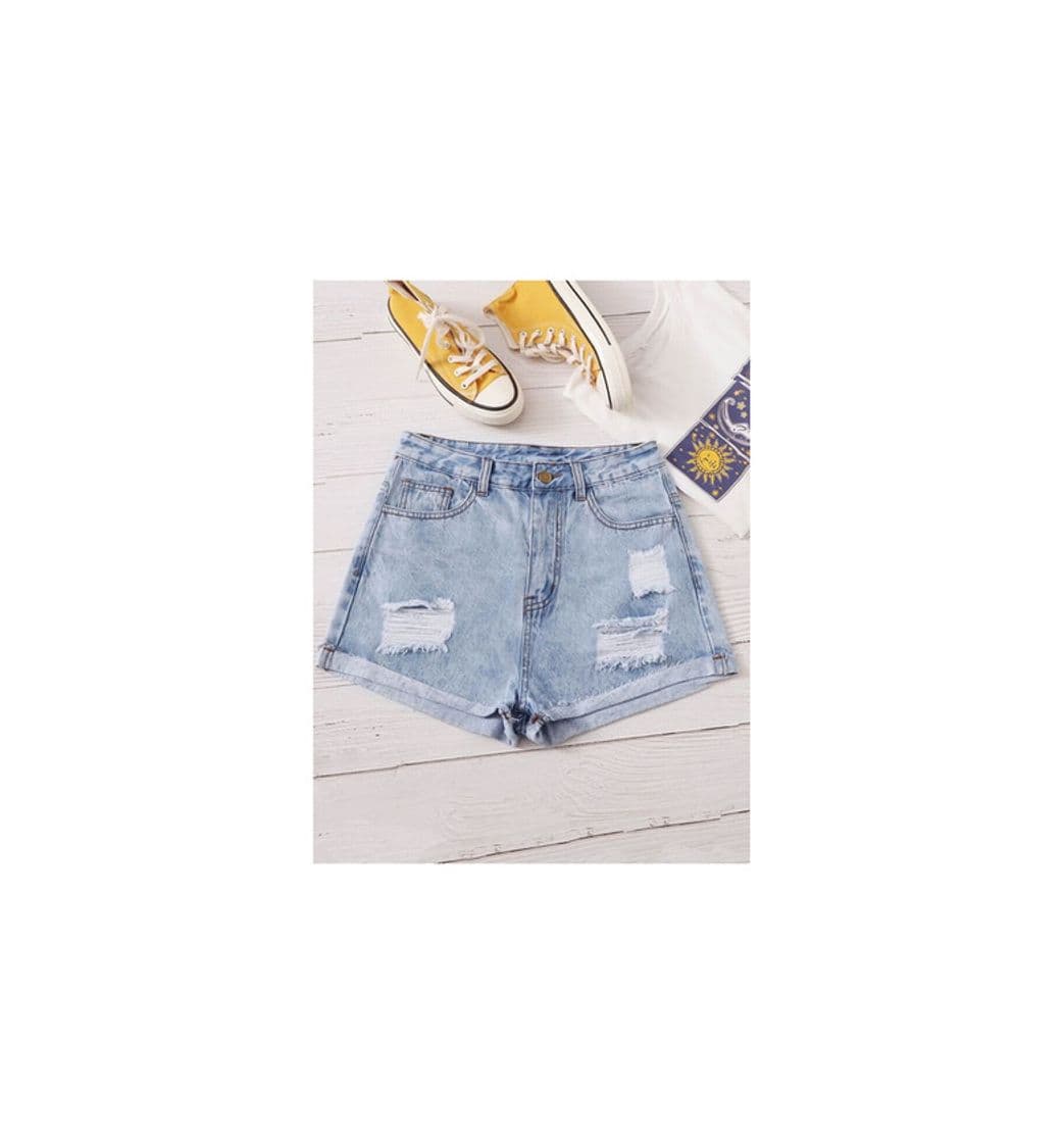 Product Light Wash Ripped Cuffed Denim Shorts