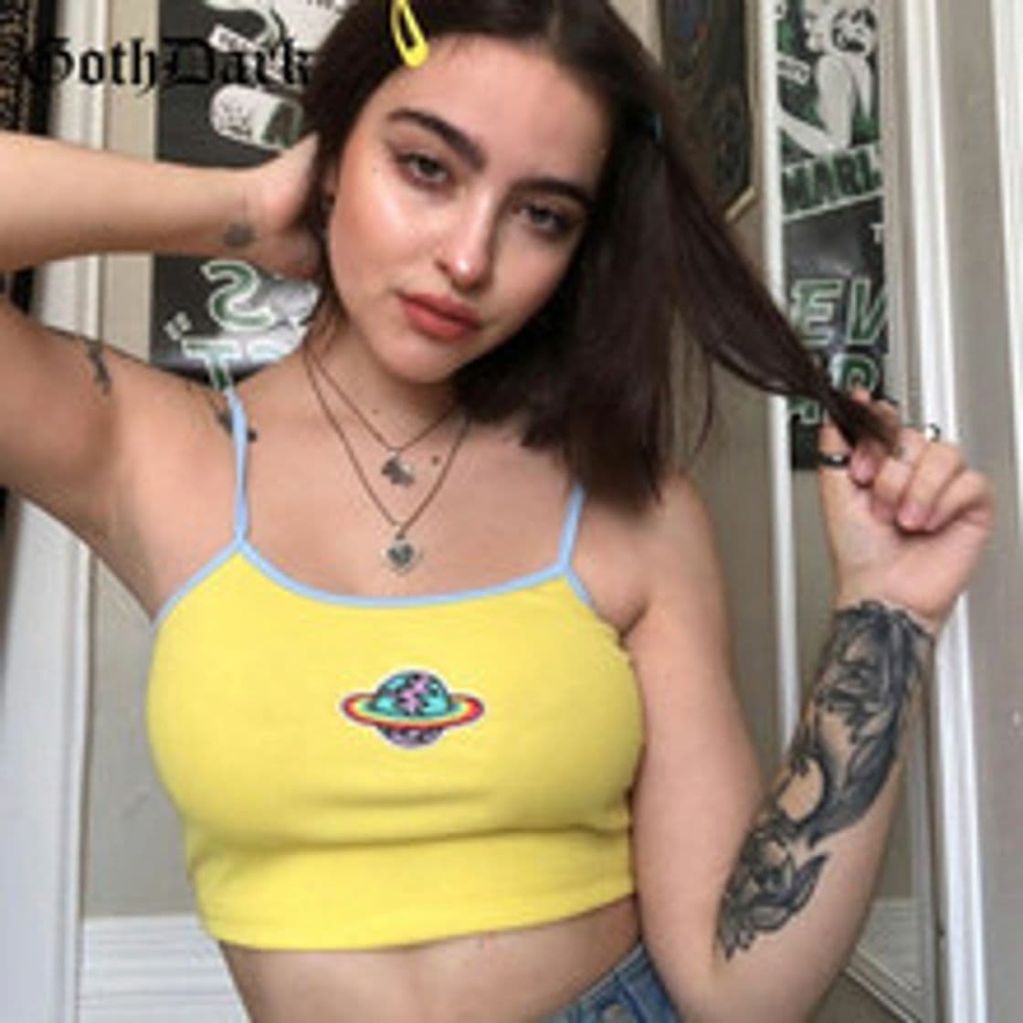 Moda Top Grunge Sexy básico, ceñido al cuerpo, amarillo