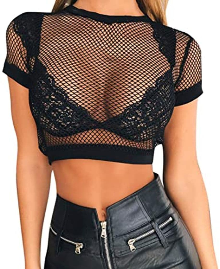 Producto Abollria Corto Transparente Camisetas Mujer Cuello Redondo Camisa Sexy Top Manga Corta