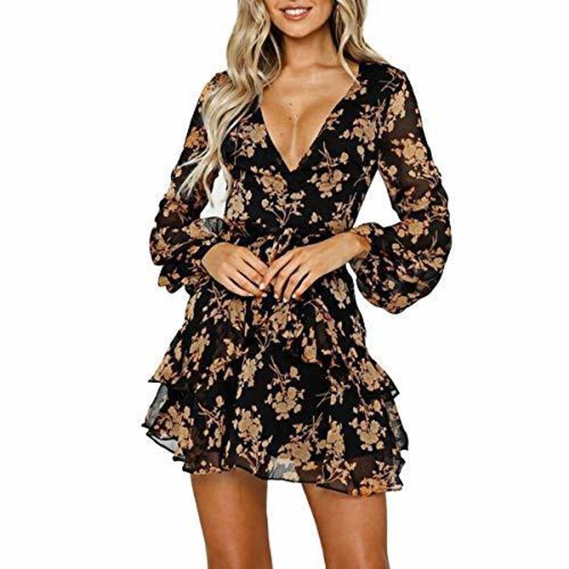 Moda Vestidos de Mujer Vestido Floral con Volantes Casual Vestido Cruzado Manga Larga