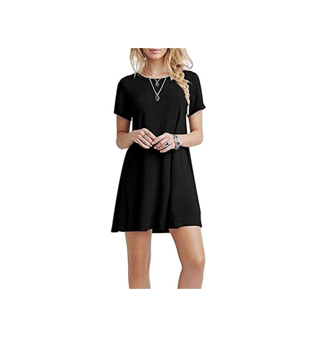 Producto YOUCHAN Vestidos Mujer de Camiseta Suelto Casual Cuello Redondo Ocasional Sólida Mini Vestido_Negro_L