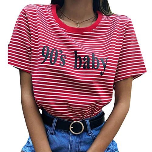 Moda Camiseta a Rayas roja y Blanca de Las Mujeres Cartas de 90's