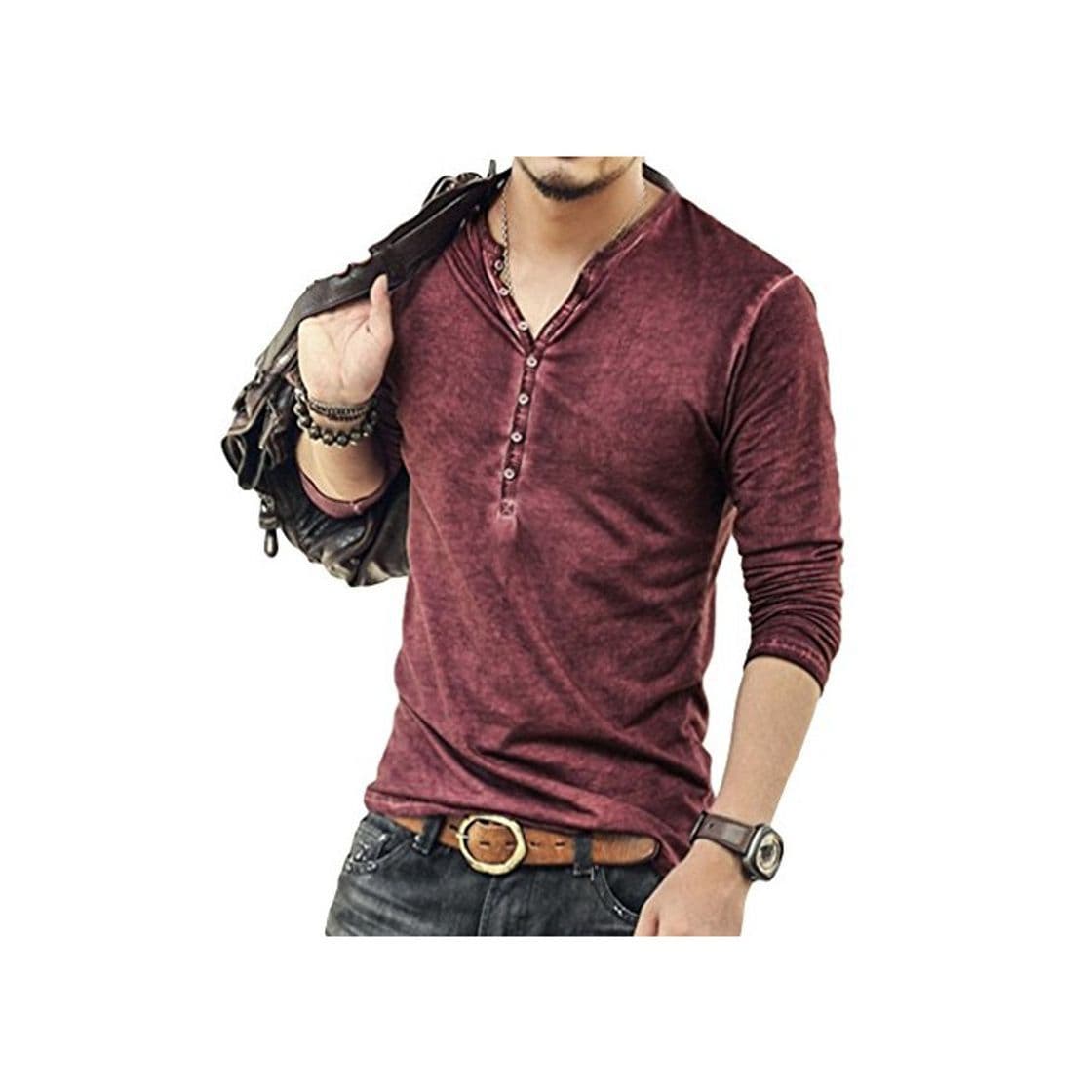 Producto Hombre Cuello En V Camisetas Manga Larga Botón En Slim para Camisa