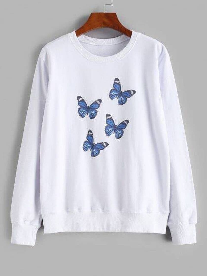 Moda Crew Neck Butterfly Print Sweatshirt - White L