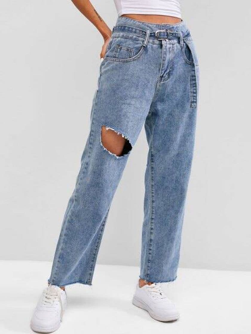 Fashion Buckle Belted Destroyed Frayed Paperbag Jeans - Light Blue M