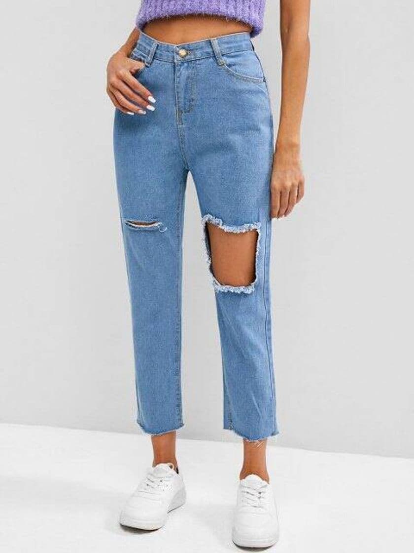 Fashion Destroyed Frayed High Waisted Tapered Jeans - Light Blue L