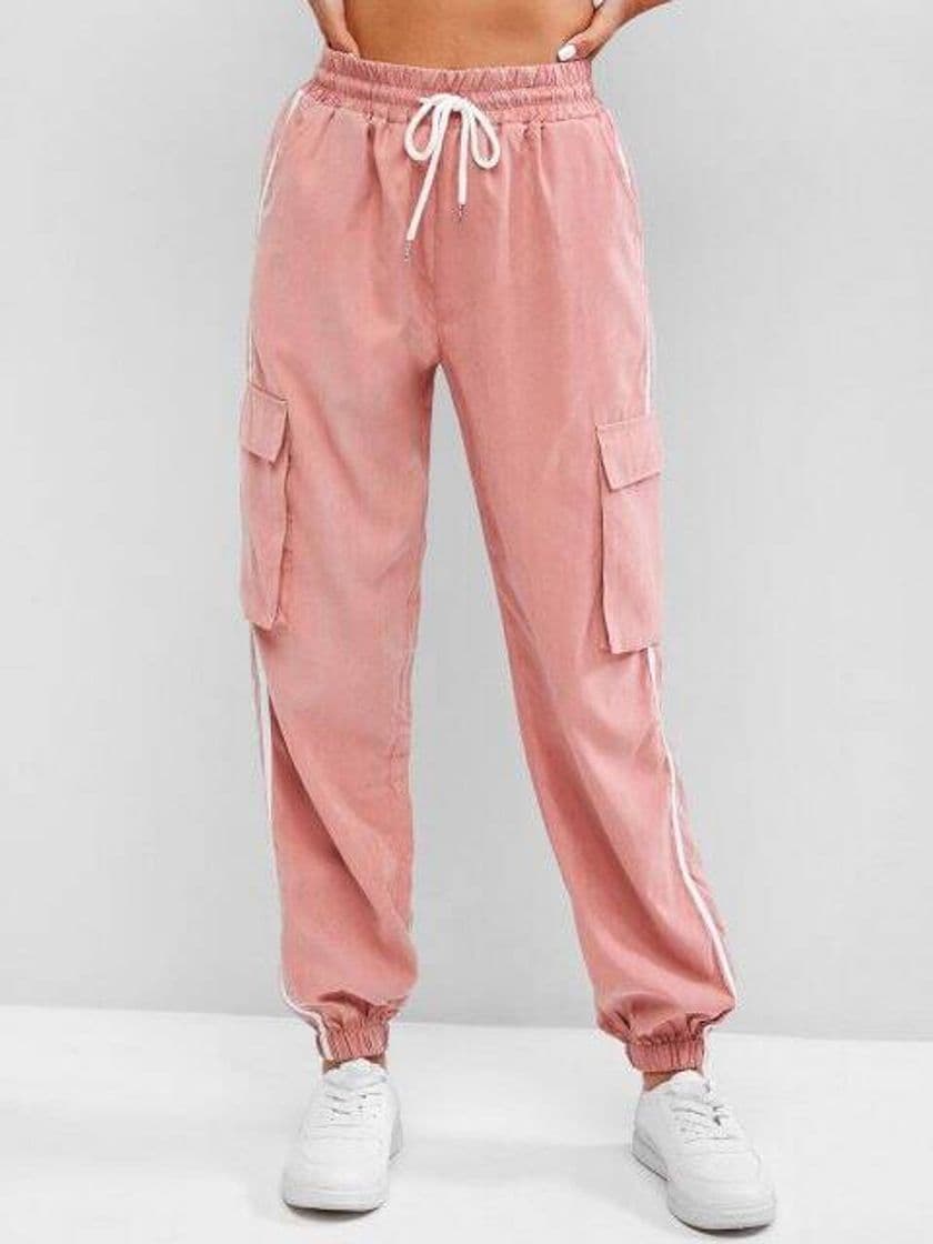 Fashion Side Striped Flap Pockets Pencil Cargo Pants - Light Pink S