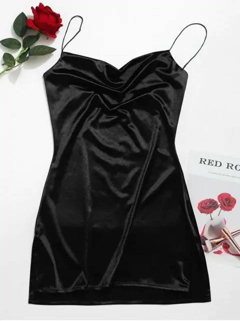 Fashion Side Slit Satin A Line Cami Dress - Black S

