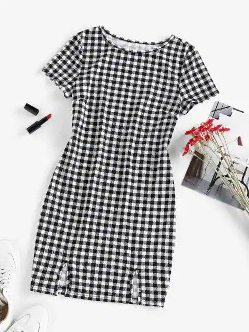 Fashion ZAFUL Gingham Slit Bodycon Dress - Black Xl

