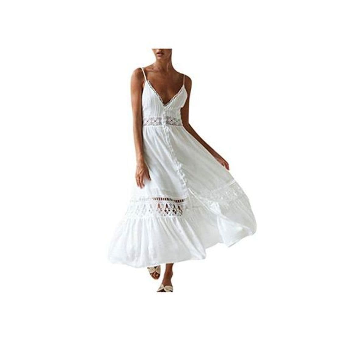 Producto Overdose Vestido Blanco de Las Mujeres Ocasional Sólido con Cuello En V de Encaje Patchwork Hollow Sin Mangas Sling Largo Maxi Vestido Vestidos de Verano Mujer 2019