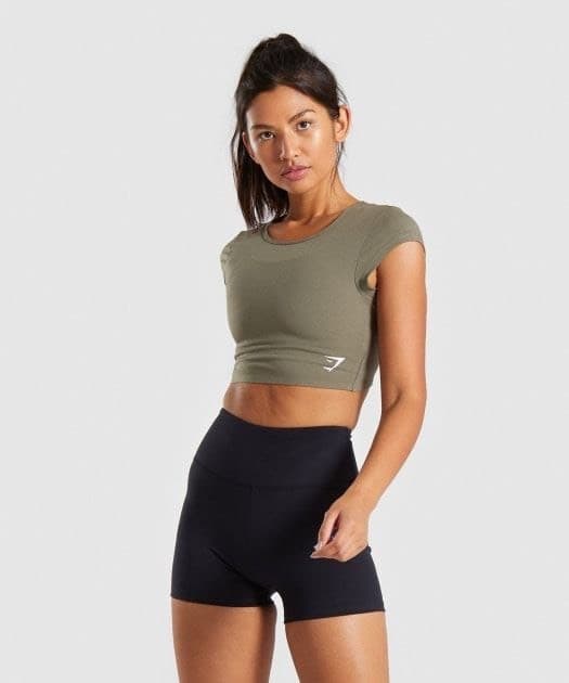 Moda Gymshark Dreamy Cap Sleeve Crop Top - Khaki