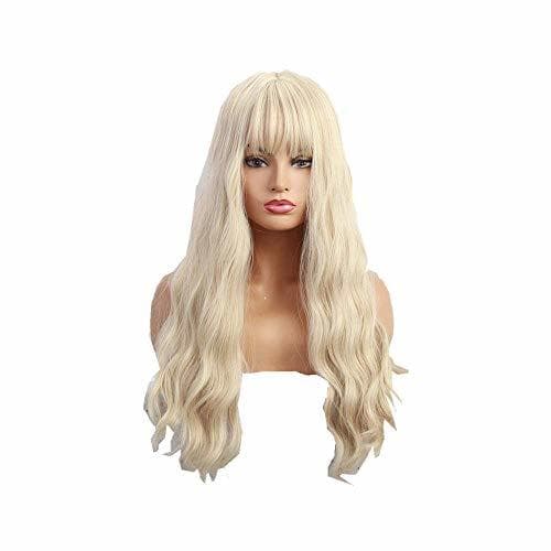 Producto Larga Luz Rubia Wigs Con Bangs Resistente Al Calor Ondulados Sintéticos Ondulados