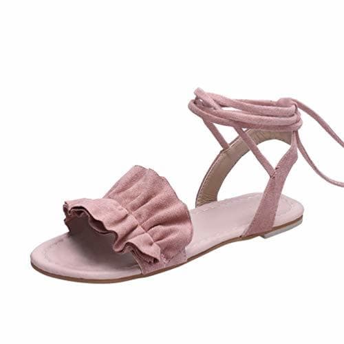 Lugar Gladiator Ruffles Sandales Plates pour Femmes Peek Toe cheville Wrap Lace Up