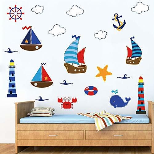 Place decalmile Pegatinas de Pared Faro Velero Ancla Vinilos Decorativos Náutico Infantiles Adhesivos