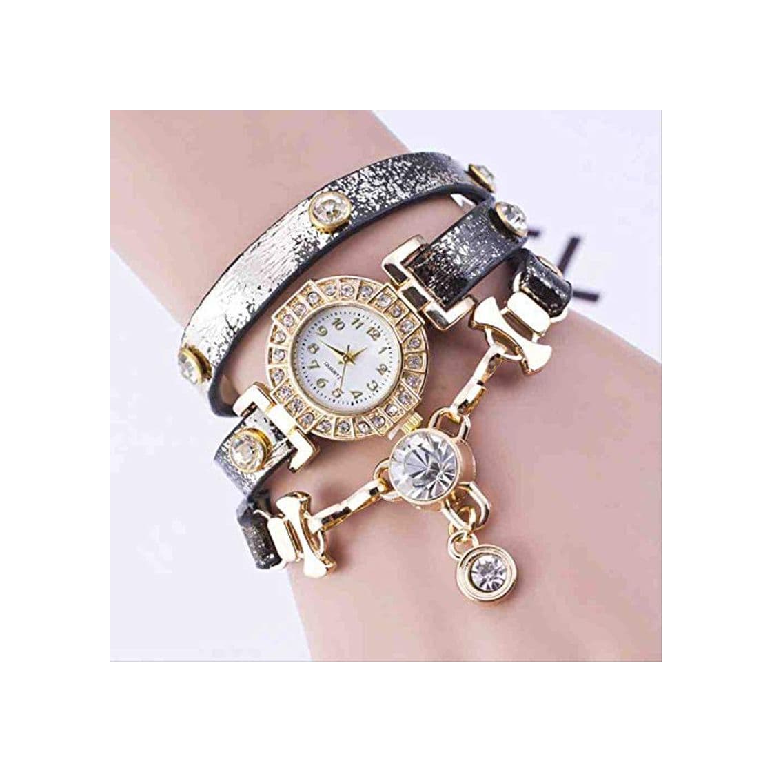 Producto DECTN Reloj de Pulsera Nuevo Cinturón con Estampado de Leopardo Envuelve Alrededor del Reloj con Pulsera de Anillo con Colgante de Diamante Negro