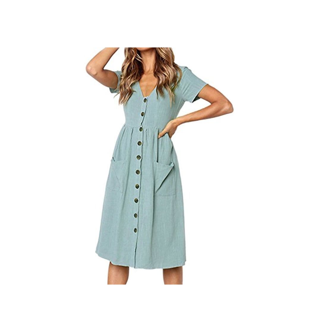 Product Mujeres Midi Verano Casual Vestido con Bolsillos Y Botones Fecha Desgaste Azul