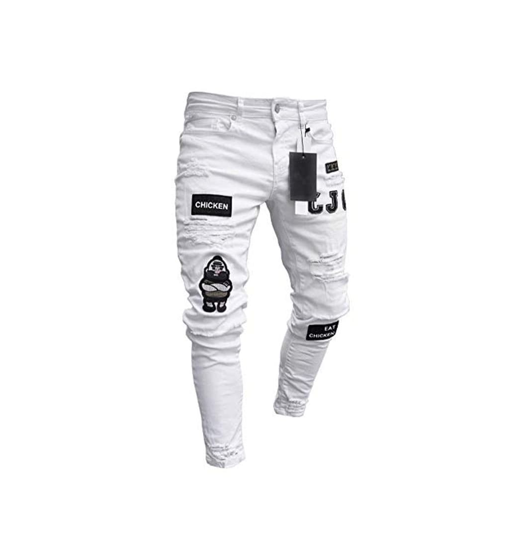 Producto Pantalones Vaqueros Hombres Rotos Pitillo Slim Fit Skinny Pantalone Casuales Elasticos Agujero Pantalón Personalidad Jeans de Insignia Blanco S