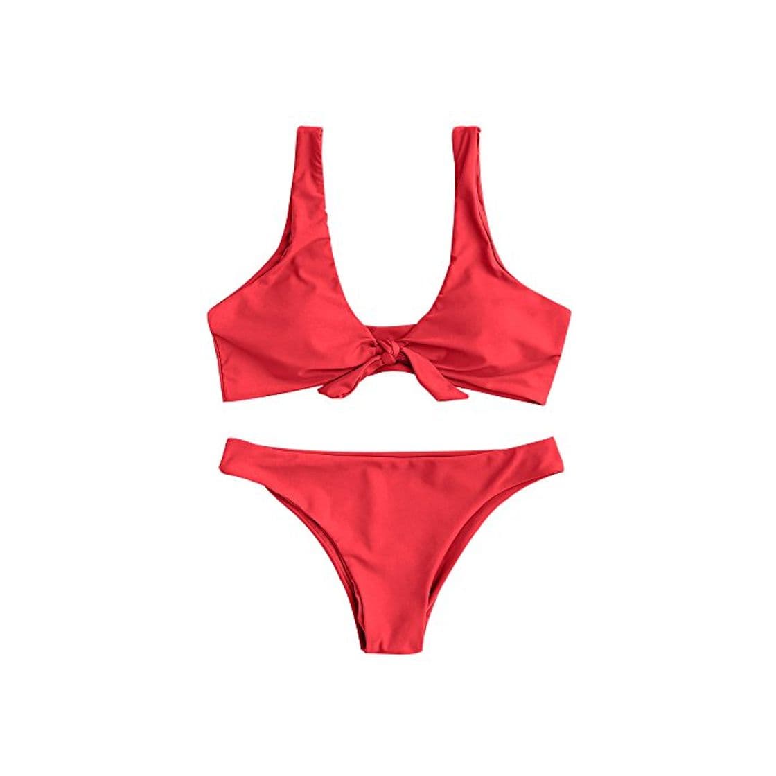 Product ZAFUL Bikini Set con Relleno Traje de Baño Dos Piezas con Nudo Delantero Estampado Color Liso para Mujer 2019 Verano