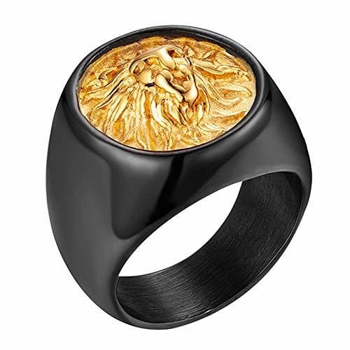 Place PDTZ   Anillos para Hombres Punk Gold Black Lion Ring Acero Inoxidable Family Round