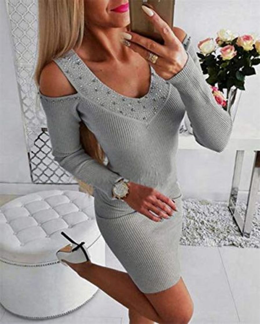 Product Autumn Off Shoulder Knitted Slim Mini Dress Women Casual Diamond Decor V