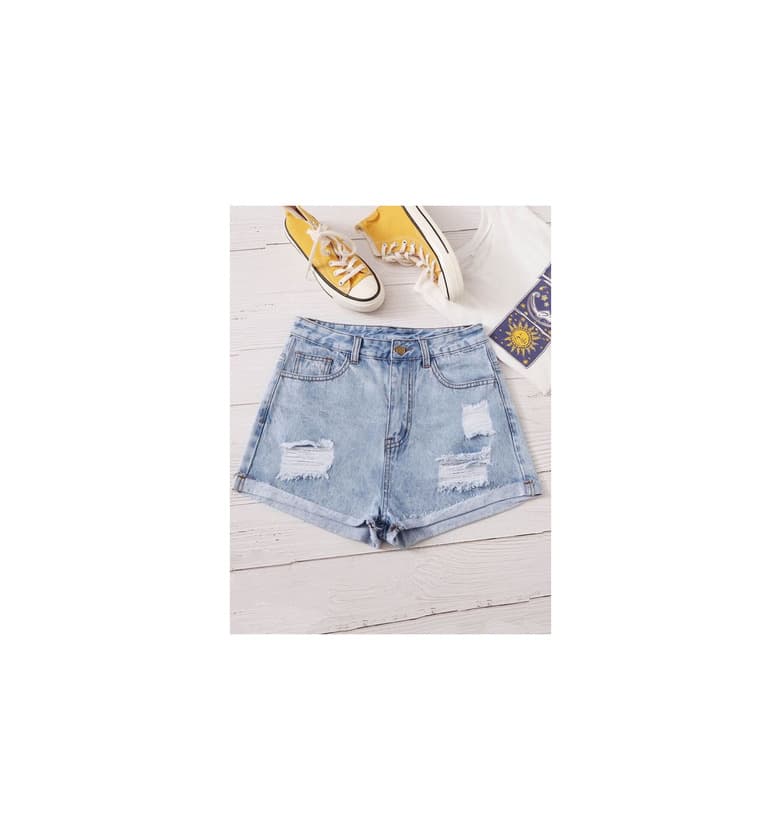 Product Light Wash Ripped Cuffed Denim Shorts