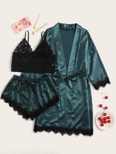 Product Floral Lace Bralette With Satin Shorts & Belted Robe